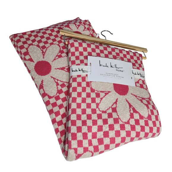 Nicole Miller Cotton Throw Blanket Decorative Oversize Floral And‎ Check 50x70in - Picture 9 of 14